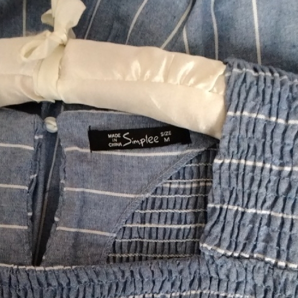 Simple Blue Striped Smocked Dress with Flutter Sleeves - Picture 2 of 6